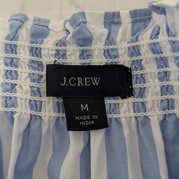 J Crew Mini Dress Women's Medium Blue White Stripe Off-Shoulder Smocked Poplin - Picture 7 of 14